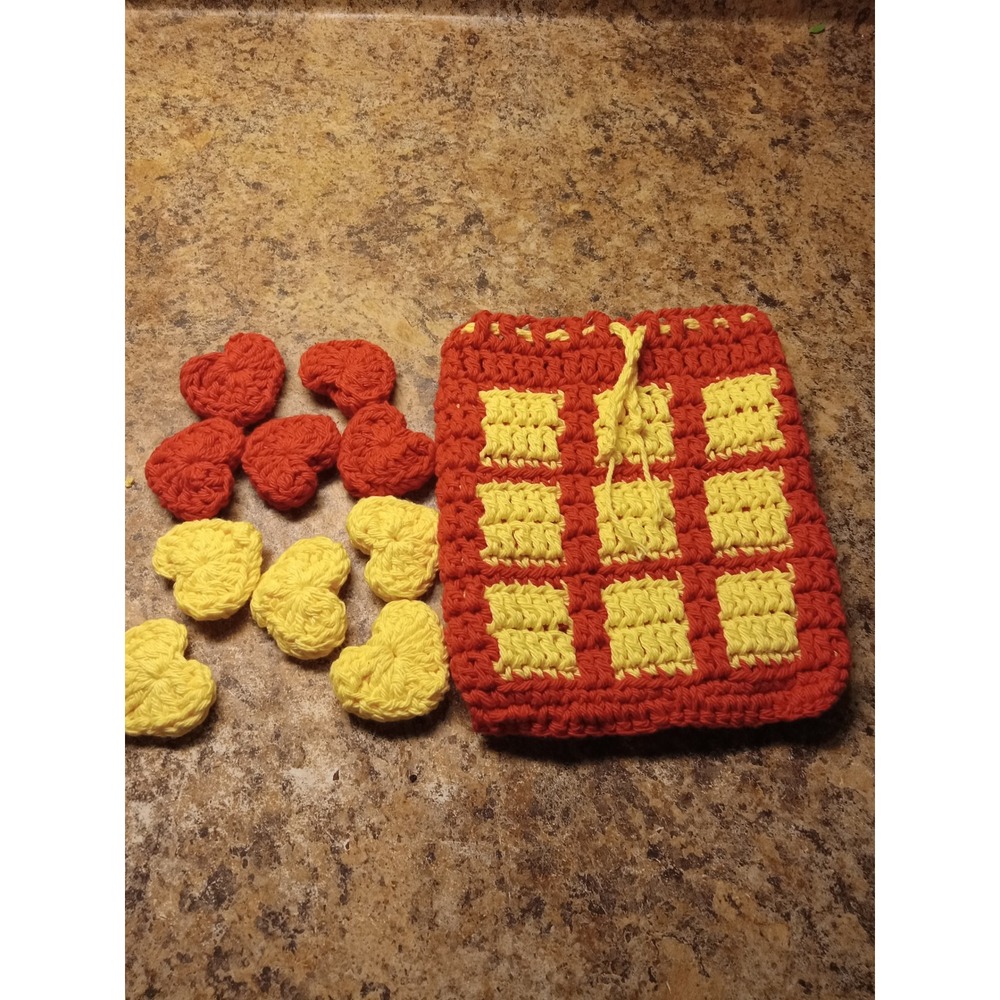 Handmade Crochet Tic-Tac-Toe Game Set Red Yellow Heart Pieces Travel Bag Board